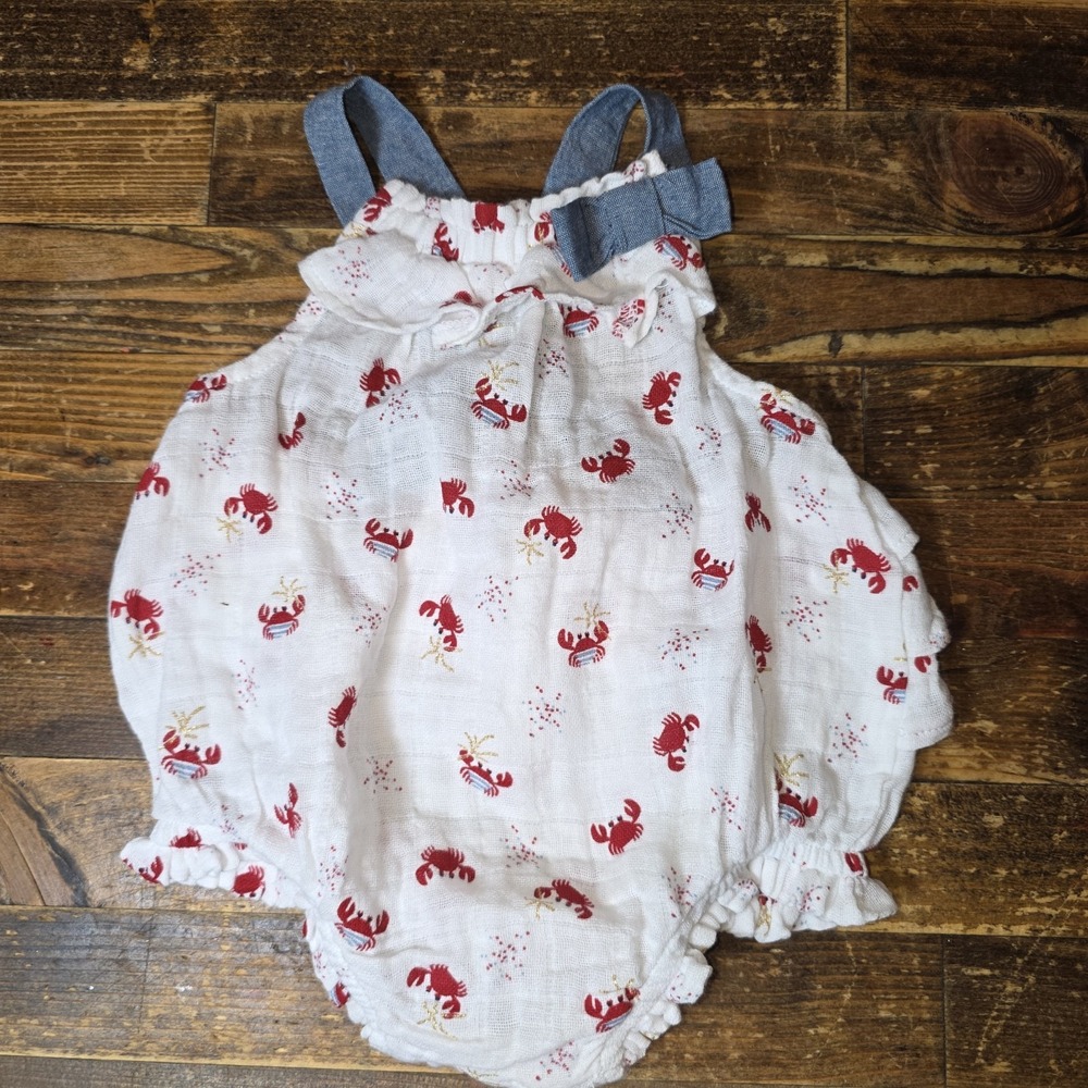 Mud Pie Beach Crab themed one piece Baby Girl Bubble Romper Size  0-3 Mo